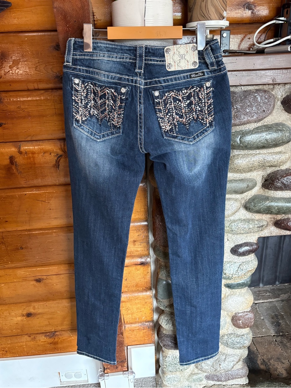 Miss Me Signature Skinny Y2K Rhinestone Embroidered Dark Wash Jeans Womens